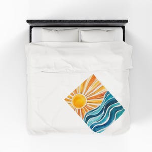 Sunrise Waves fluwelen pluche deken, gezellige strandscène plaid, zomerdecor, cadeau voor strandliefhebbers, ultrazachte pluche deken, 2 maten afbeelding 9
