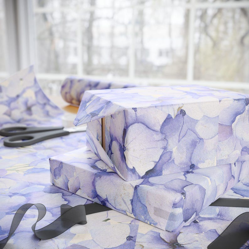 Periwinkle Hydrangea Floral Wrapping Paper: Lavender Blue Flower Gift Wrap image 2