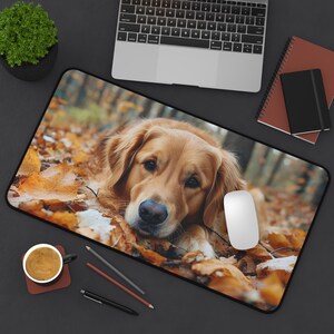 May include: A golden retriever dog laying down in a bed of autumn leaves. The dog's fur is a light brown color and its eyes are closed. The leaves are a mix of orange, yellow, and brown.