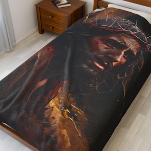 Jesus Carrying the Cross Velveteen Plush Blanket, Cozy Religious Throw, Christian Tapestry, Spiritual Gift for Easter, Baptism, Thanksgiving