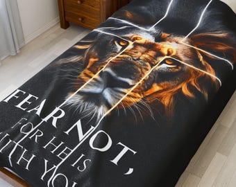 Lion of Judah &quot;Fear Not, For He Is With You&quot; Velveteen Plush Blanket, Soft and Bold Throw, Christian Gift, Small 30&quot;x40&quot; or Large 60&quot;x80&quot;