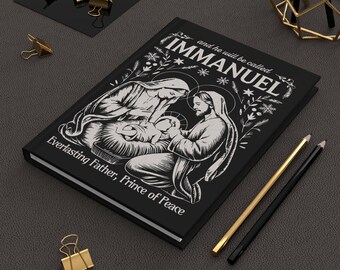 Immanuel Black Hardcover Journal, Christmas Nativity Notebook, Religious Holiday Diary, Faithful Prayer Log, Lined Pages, 5.75"x8"