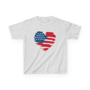 Patriotic Kid Cotton Tee USA Heart T-Shirt Independence Day Clothing American Pride Gift Memorial Day Outfit Family Reunion Top Gildan 5000B Ash