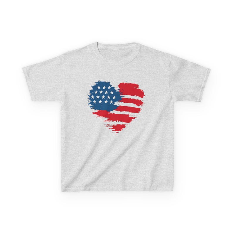 Patriotic Kid Cotton Tee USA Heart T-Shirt Independence Day Clothing American Pride Gift Memorial Day Outfit Family Reunion Top Gildan 5000B Ash