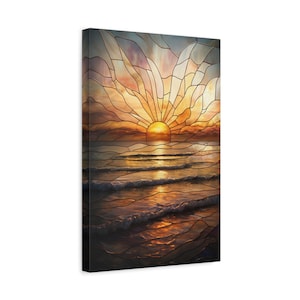 Ocean Sunset Stained Glass Matte Canvas Wall Art, Stretched 1.25&quot;, Coastal Home Decor, Inspirational Artwork, Nautical Gift for Beach Lovers