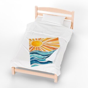 Sunrise Waves fluwelen pluche deken, gezellige strandscène plaid, zomerdecor, cadeau voor strandliefhebbers, ultrazachte pluche deken, 2 maten afbeelding 5