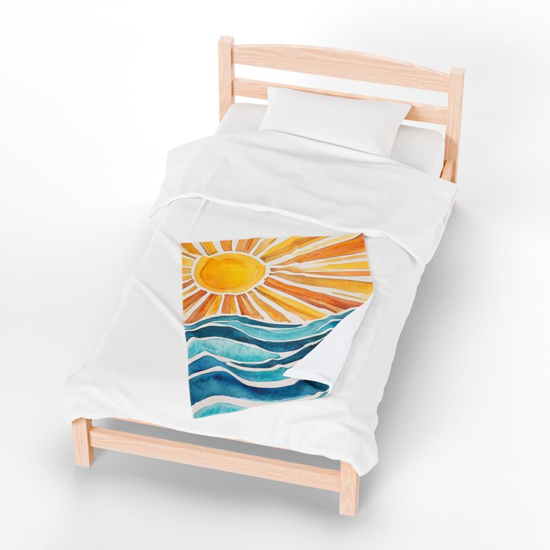 Sunrise Waves fluwelen pluche deken, gezellige strandscène plaid, zomerdecor, cadeau voor strandliefhebbers, ultrazachte pluche deken, 2 maten afbeelding 5