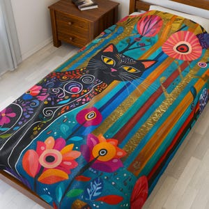 Colorful Cat and Flowers Velveteen Plush Blanket, Cozy Home Decor, Gift for Cat Lovers, Unique Throw Blanket, Artistic Soft Blanket, 2 Sizes