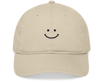 Embroidered Smiley Face Organic Baseball Cap, Cute Cap for Summer, Casual Outdoor Gear, Gift for Friends, Happy Mood Hat, Simple Smile Hat