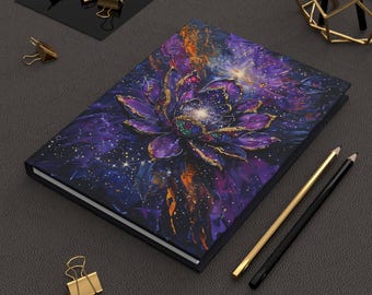Celestial Lotus Hardcover Journal, Gift for Writers, Art Lovers, Dreamers, Cosmic Inspired Design, Prayer Notebook, Matte Finish, Lined Page