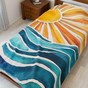 Sunrise Waves fluwelen pluche deken, gezellige strandscène plaid, zomerdecor, cadeau voor strandliefhebbers, ultrazachte pluche deken, 2 maten 60" × 80"