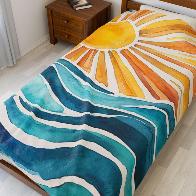 Sunrise Waves fluwelen pluche deken, gezellige strandscène plaid, zomerdecor, cadeau voor strandliefhebbers, ultrazachte pluche deken, 2 maten 60" × 80"