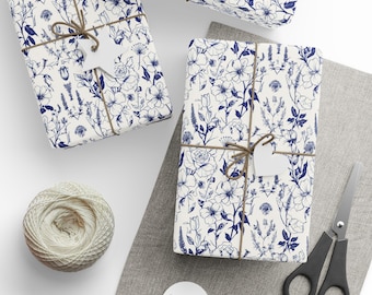 Elegant Floral Wrapping Paper, Gift Wrap for Birthdays, Weddings, Holidays, Eco-Friendly Packaging, Blue and White Design, Matte or Glossy