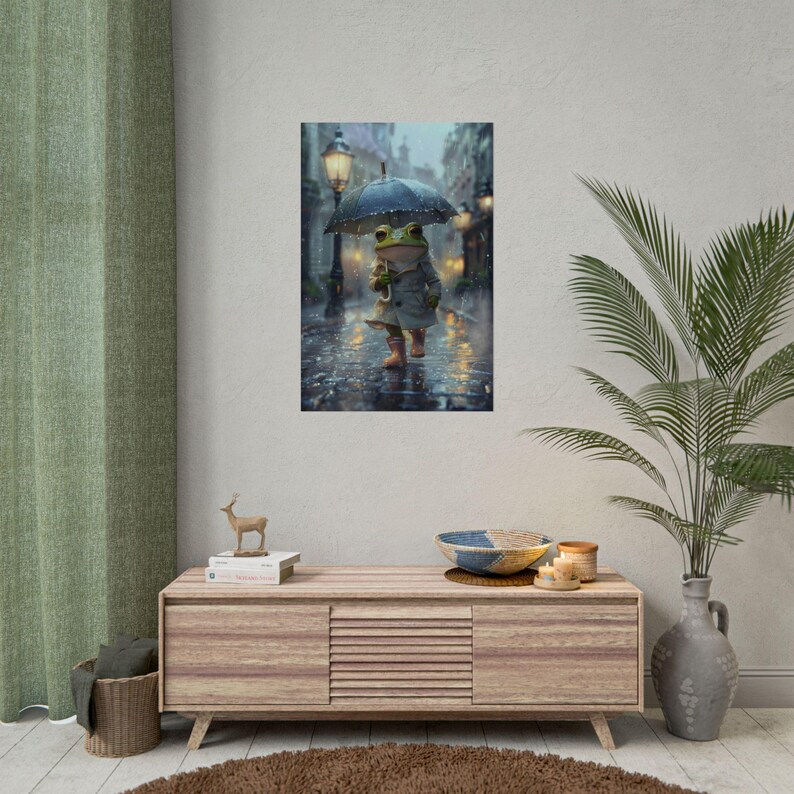 Charming Frog Illustration Rolled Poster, Whimsical Wall Art, Rainy Day Decor, Cute Animal Print, Gift for Kids, Nature Lovers 24" x 36" (Vertical)