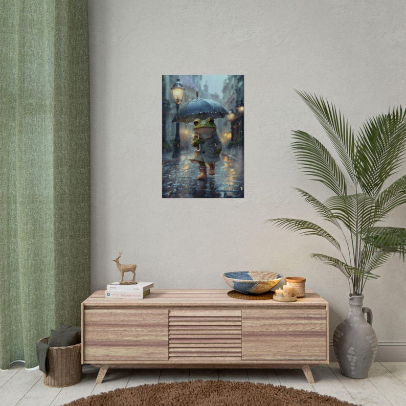Charming Frog Illustration Rolled Poster, Whimsical Wall Art, Rainy Day Decor, Cute Animal Print, Gift for Kids, Nature Lovers 20″ x 30″ (Vertical)