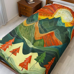 Vibrant Abstract Mountain Landscape Velveteen Plush Blanket, Soft and Artistic Throw, Colorful Nature Inspired Home Decor, 30&quot;x40&quot; & 60&quot;x80&quot;