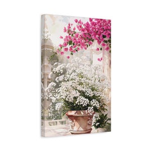 Botaniczna, matowa dekoracja ścienna na płótnie, rozciągnięta na 1,25 cala, kwiatowa dekoracja ścienna, różowa bugenwilla i białe kwiaty, prezent dla miłośników ogrodów