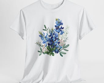 Bluebonnet Bouquet T-Shirt, Botanical Floral Tee, Texas Wildflower Watercolor Design, Unisex Gildan 5000