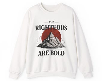 The Righteous Are Bold Mountain-designsweater, vintage zonillustratie ronde hals, uniseks Gildan 18000