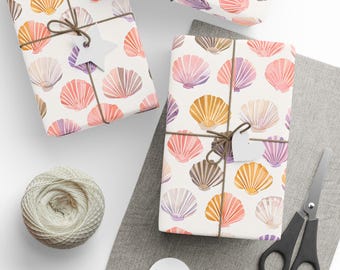 Seashell Pattern Wrapping Paper, Nautical Gift Wrap, Beach Theme Wrapping Rolls, Summer Party Supplies, Matte or Glossy Finish, 3 Sizes