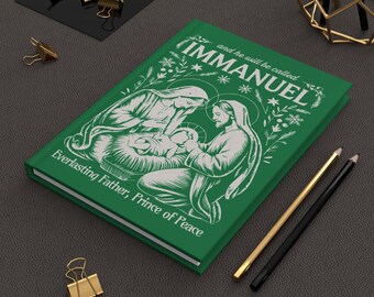 Immanuel Green Hardcover Journal, Christmas Nativity Notebook, Religious Holiday Diary, Faithful Prayer Log, Lined Pages, 5.75"x8"