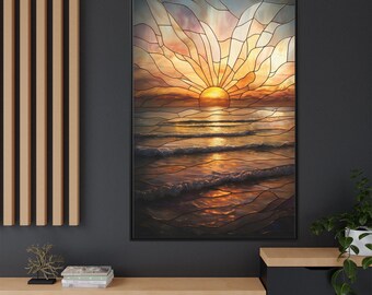 Könnte beinhalten: Ein Sonnenuntergang im Stil eines Buntglasfensters über dem Meer mit Wellen, die an das Ufer schlagen. Die Sonne ist leuchtend orange und gelb, und der Himmel ist ein Mix aus Rosa, Lila und Orange.