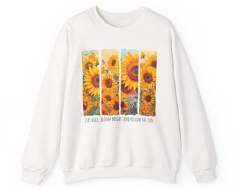 Sunflower Panels Floral Crewneck Sweatshirt, 'Stay Wild, Bloom Bright, And Follow The Sun.' Unisex Gildan 18000