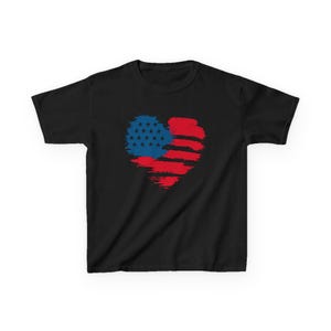 Patriotic Kid Cotton Tee USA Heart T-Shirt Independence Day Clothing American Pride Gift Memorial Day Outfit Family Reunion Top Gildan 5000B Black