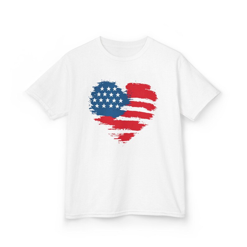 Patriotic Kid Cotton Tee USA Heart T-Shirt Independence Day Clothing American Pride Gift Memorial Day Outfit Family Reunion Top Gildan 5000B image 10