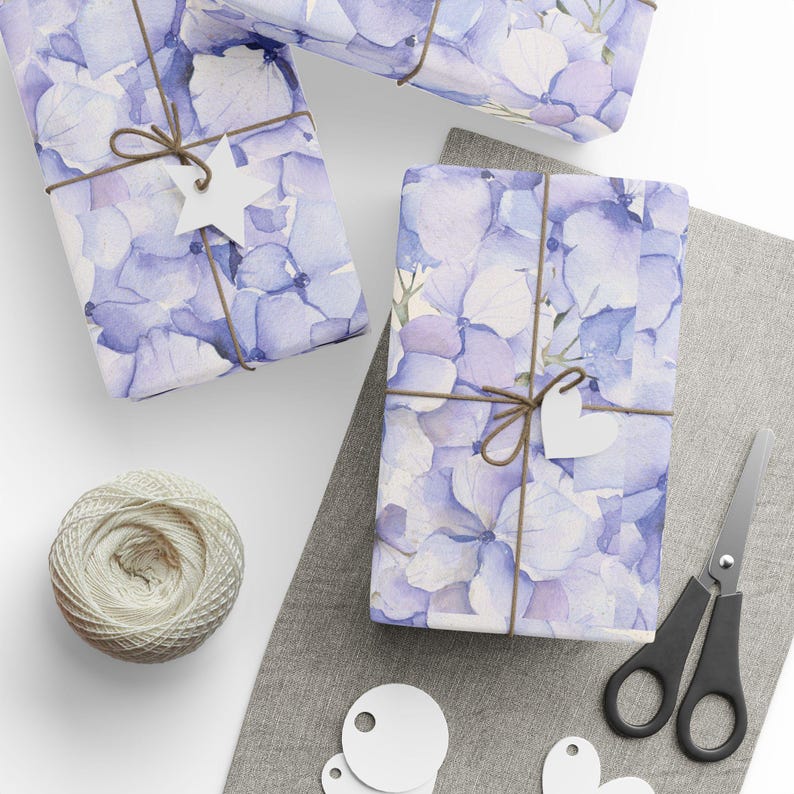 Periwinkle Hydrangea Floral Wrapping Paper: Lavender Blue Flower Gift Wrap image 1
