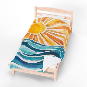 Sunrise Waves fluwelen pluche deken, gezellige strandscène plaid, zomerdecor, cadeau voor strandliefhebbers, ultrazachte pluche deken, 2 maten afbeelding 4