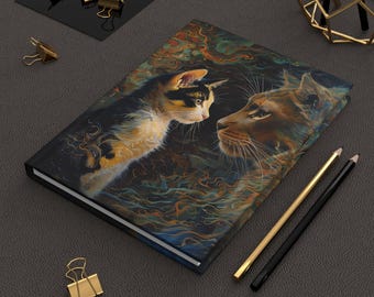 May include: A black and gold journal with a colorful abstract design featuring two cats looking at each other. The cat on the left is a calico kitten and the cat on the right is a brown tabby.