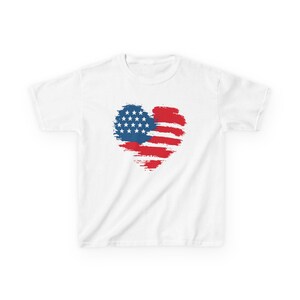 Patriotic Kid Cotton Tee USA Heart T-Shirt Independence Day Clothing American Pride Gift Memorial Day Outfit Family Reunion Top Gildan 5000B White