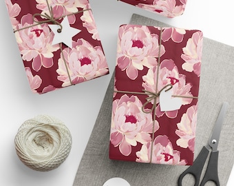 Dark Maroon and Beige Peonies Gift Wrap, Flower Design Wrapping Paper, Elegant Birthday, Wedding, All Occasions, Glossy or Matte, 3 Sizes