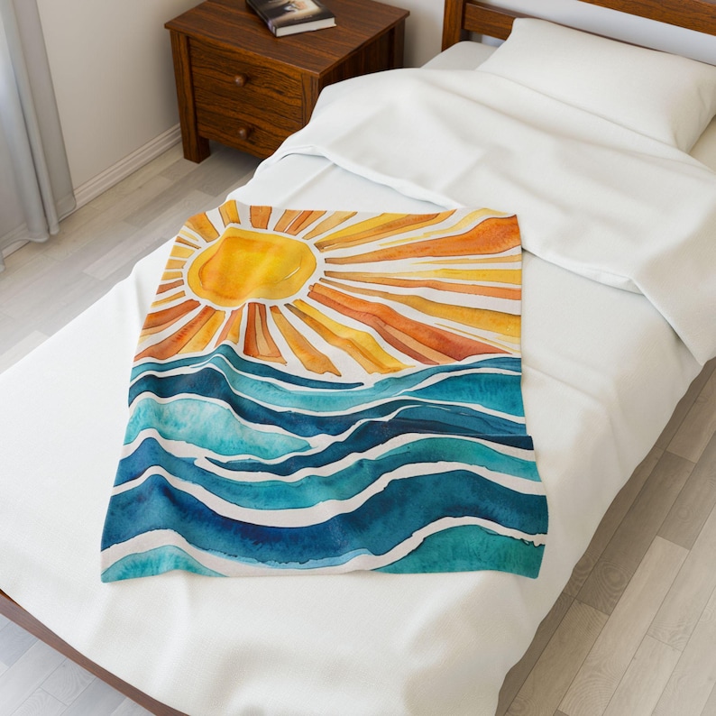 Sunrise Waves fluwelen pluche deken, gezellige strandscène plaid, zomerdecor, cadeau voor strandliefhebbers, ultrazachte pluche deken, 2 maten 30" × 40"