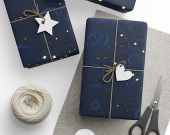 Papel de regalo con temática celestial, papel de regalo de noche estrellada, cumpleaños cósmico, festividades, artículos para fiestas, embalaje de regalo artesanal, mate o brillante.