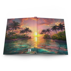 May include: A book with a colorful sunset over a tropical island scene on the cover. The book is open to reveal the same image on both pages.