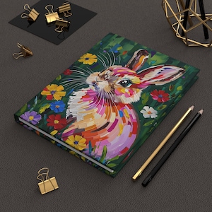 Journal relié avec lapin coloré, journal intime lapin, bloc-notes inspiré de la nature, journal d&#39;art floral, cadeau pour les amoureux des animaux, carnet de Pâques