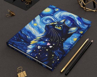 May include: A blue and black notebook with a black cat and a starry night sky design. The cat is looking up and has a yellow eye. The notebook has a white border.
