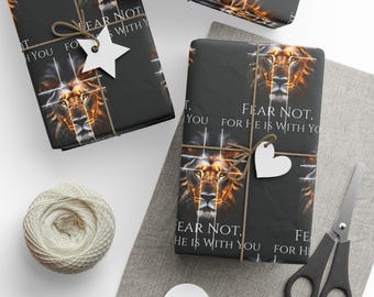 Lion of Judah Gift Wrap | "Fear Not, For He Is With You" | Inspirational Christian Wrapping Paper Roll | Matte or Glossy | 30"×36",72",180"