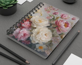 Vintage Floral Bouquet Spiral Bound Journal, Peonies & Roses Notebook, Lined Pages, Glossy Laminated Cover, 5"x7"