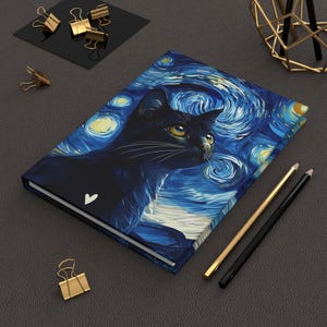 Carnet cartonné chat nuit étoilée, carnet artistique pour les amoureux des chats, cadeau pour les propriétaires d'animaux de compagnie, jolie papeterie, motif chat noir, pages lignées