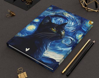 May include: A black cat with green eyes is featured on a blue and white notebook with a swirling starry night design. The notebook has a white heart on the front cover.