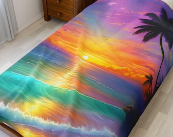 Tropical Beach Sunset Velveteen Plush Blanket, Summer Night Essentials, Soft and Vibrant Throw, Valentine&#39;s Day Gift, Small/Medium/Large