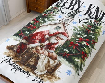 Every Knee Shall Bow Velveteen Plush Blanket, Christmas Santa with Baby Jesus Throw, Christian Holiday Gift, Nursery Decor, 3 Sizes