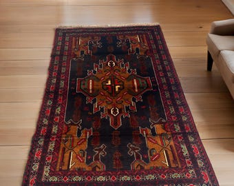Handwoven Afghan Wool Rug: Baluchi Maldari Kuchi Design, 6.1x3.8