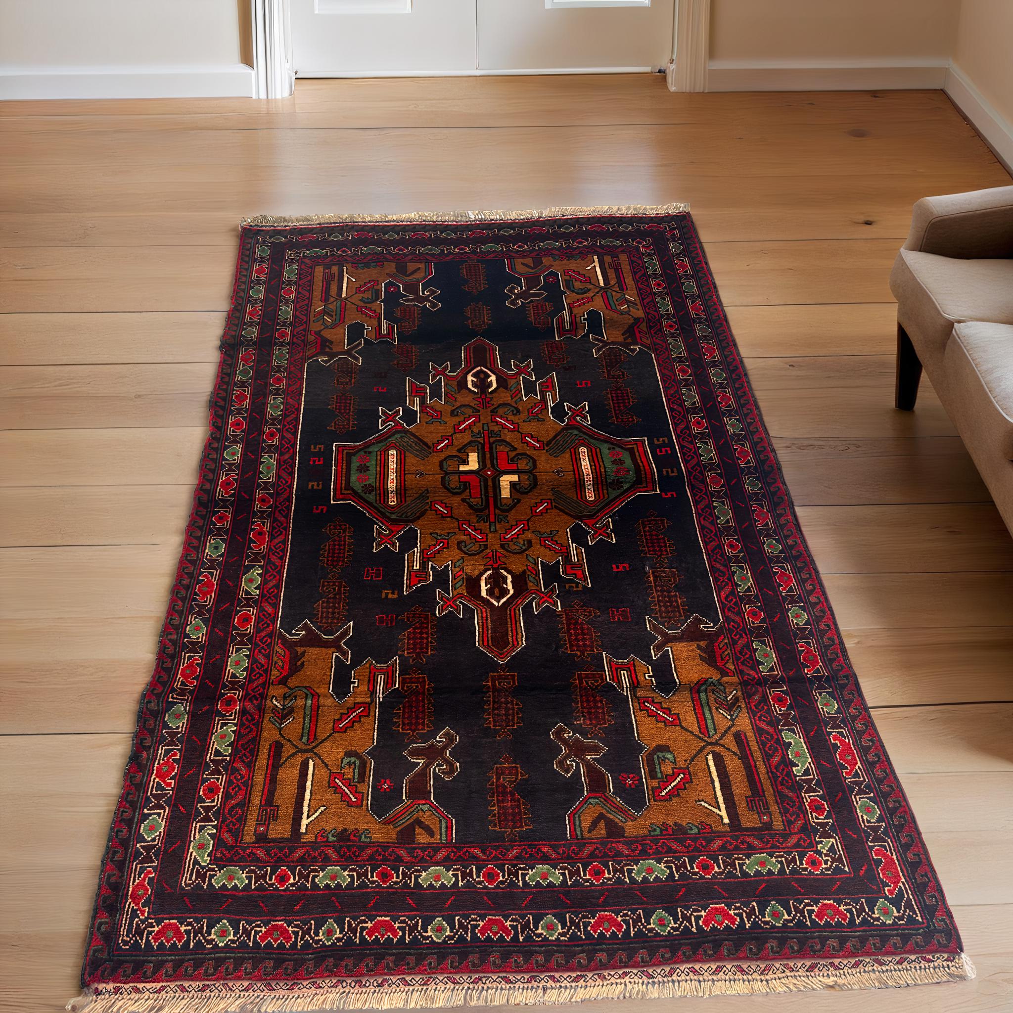 Handwoven Afghan Wool Rug: Baluchi Maldari Kuchi Design, 6.1x3.8