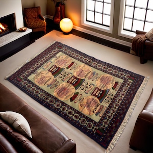 Hand Woven Wool Rug | Jahan Design Ivory Rug | Woven Wool Area Rug from Mazar-e-Sharif | Unique Wool Carpet | 174 × 118 cm (5.9 × 3.7 feet)