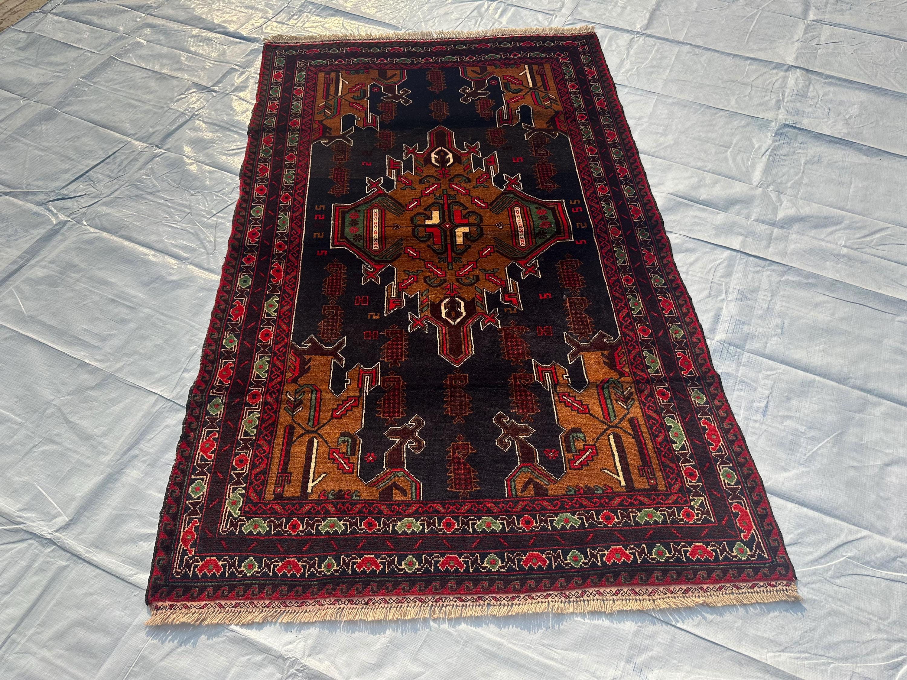 Handwoven Afghan Wool Rug: Baluchi Maldari Kuchi Design, 6.1x3.8