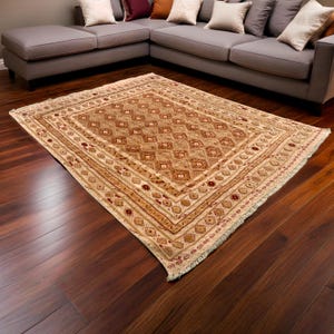 Afghan Wool area Rug, 5&#39;10&quot; x 4&#39;6&quot; Meshwani Wool Rug | Hand Woven Ivory Area Rug | Vibrant Wool Carpet in Natural Tones, Made in Afghanistan